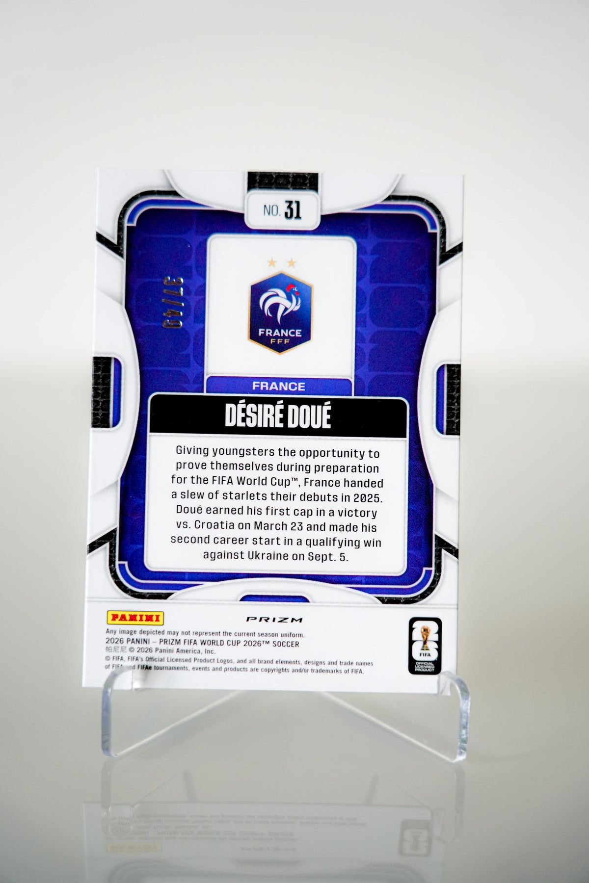 Désiré Doué – Panini Prizm FIFA World Cup 2026 31 – Preferred Blue Prizm 37/49